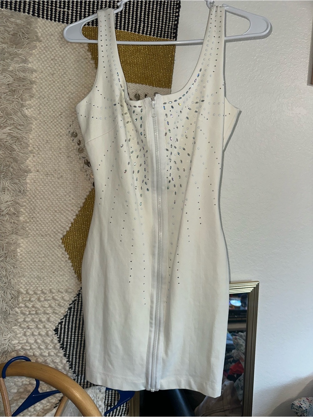 bebe White Rhinestone Tank Mini Dress